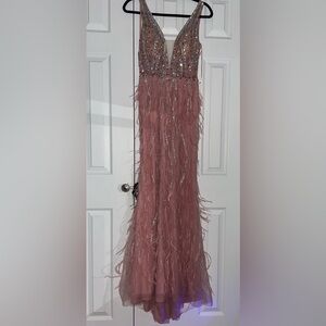 Feather V-Neck Prom Formal Evening Dress